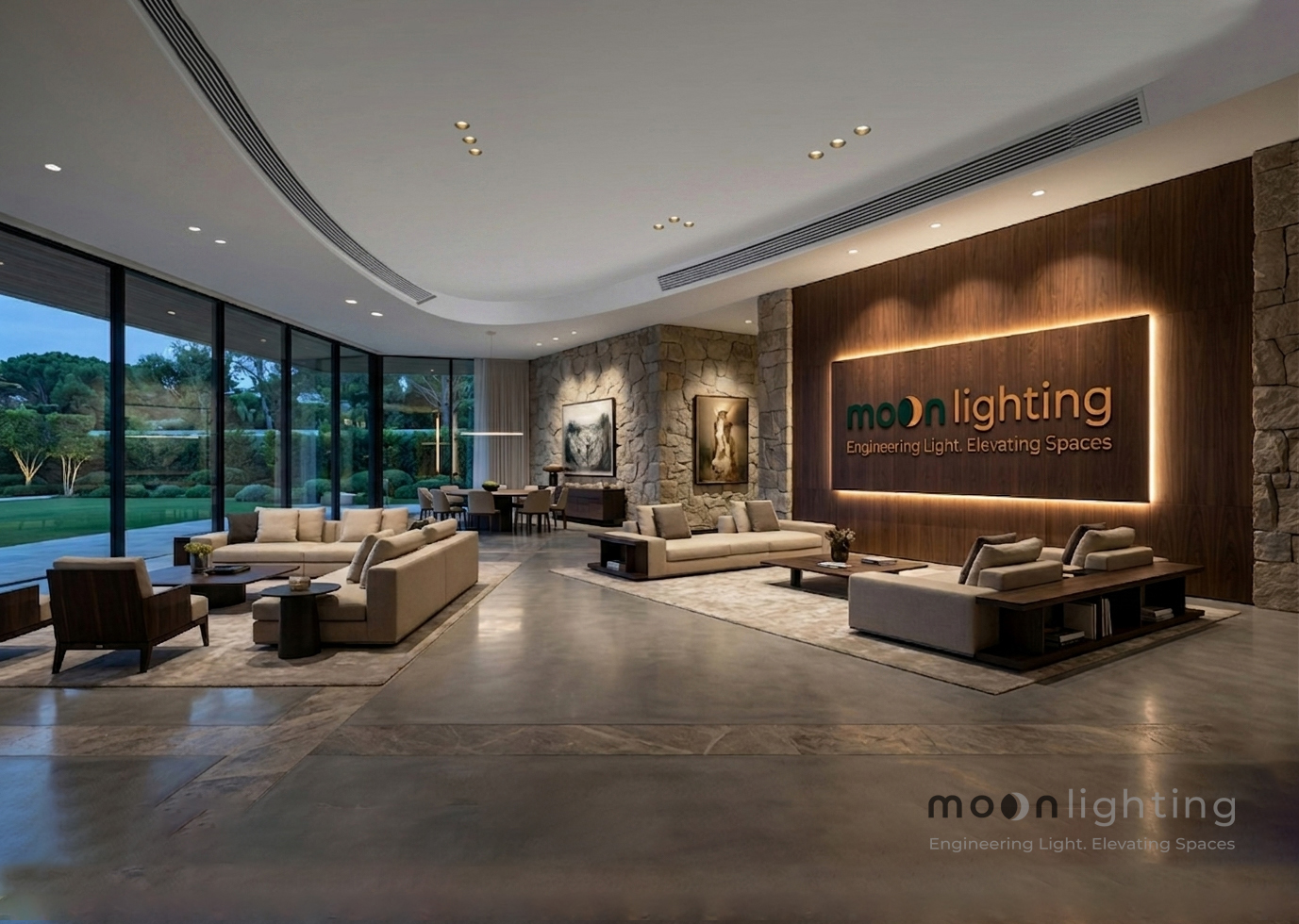 Phối cảnh sử dụng đèn spotlight viền mỏng MG-100301E65S-JS trong không gian biệt thự cao cấp 2026