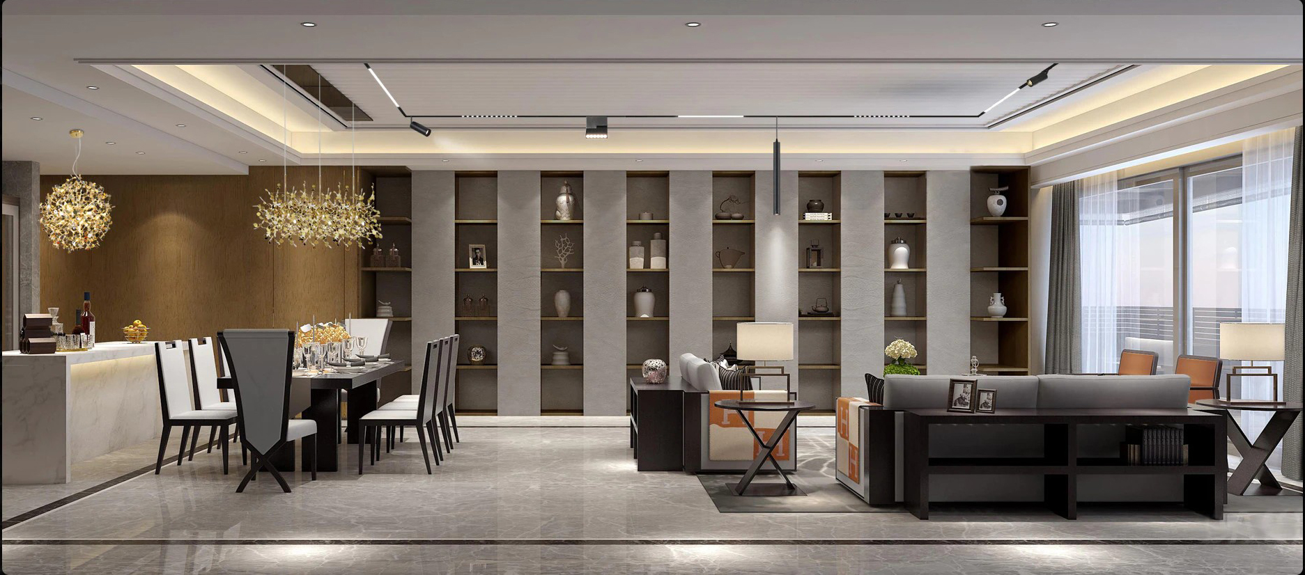 Phối cảnh sử dụng sản phẩm đèn thanh ray nam châm SMD Moon Lighting chiếu sáng tán quang phòng khách biệt thự luxury