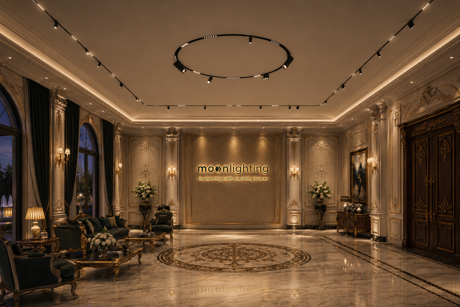 Phối cảnh sử dụng đèn treo thả ray nam châm tròn Moon Lighting tôn vinh kiến trúc hệ trần cong luxury