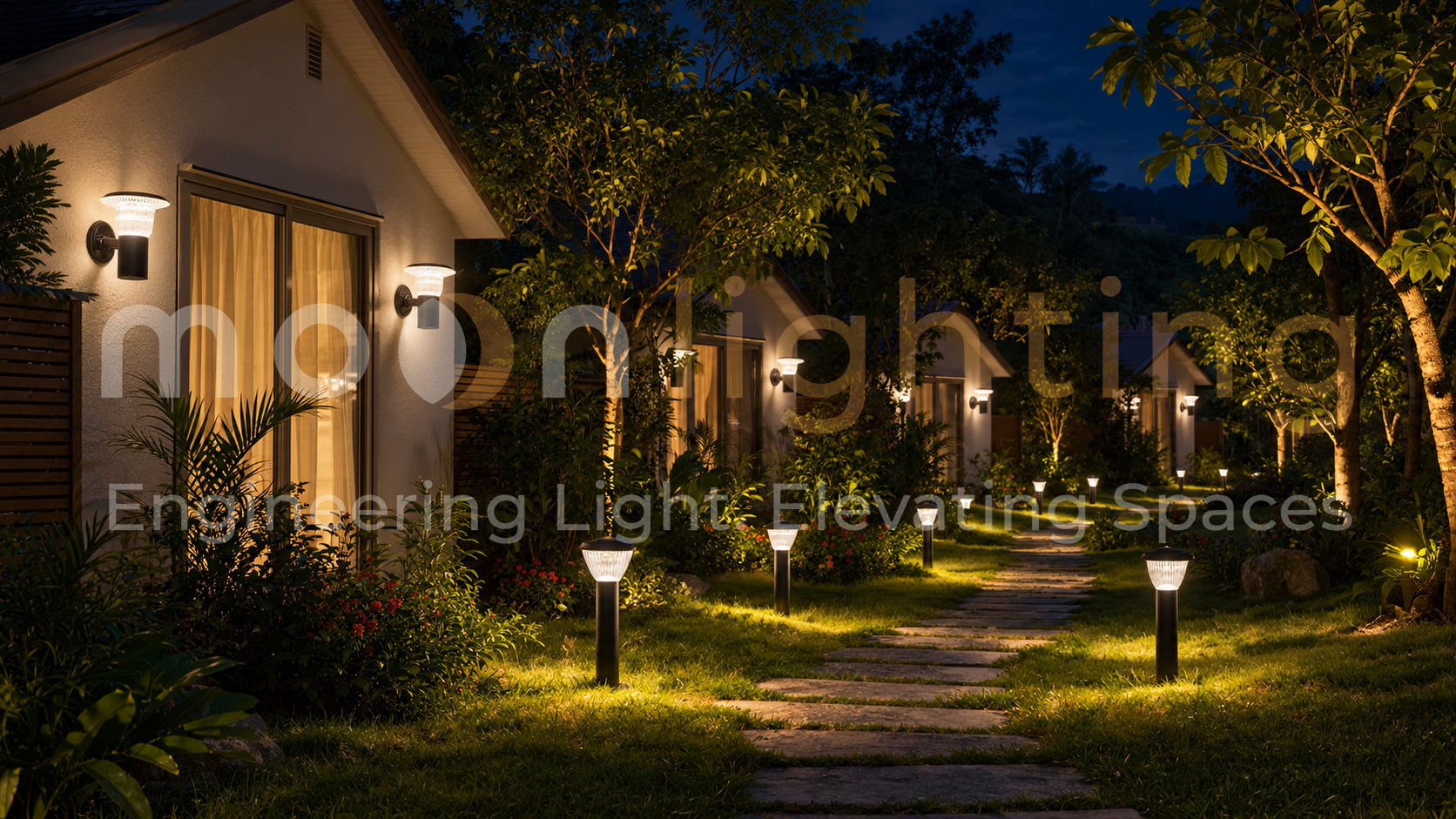 Phối cảnh thực tế hệ thống đèn gắn tường năng lượng mặt trời MG-SL1508 thiết kế kiểu dáng đèn lồng hiện đại chiếu sáng mặt tiền hiên nhà bungalow homestay khu nghỉ dưỡng núi rừng về đêm Moon Lighting