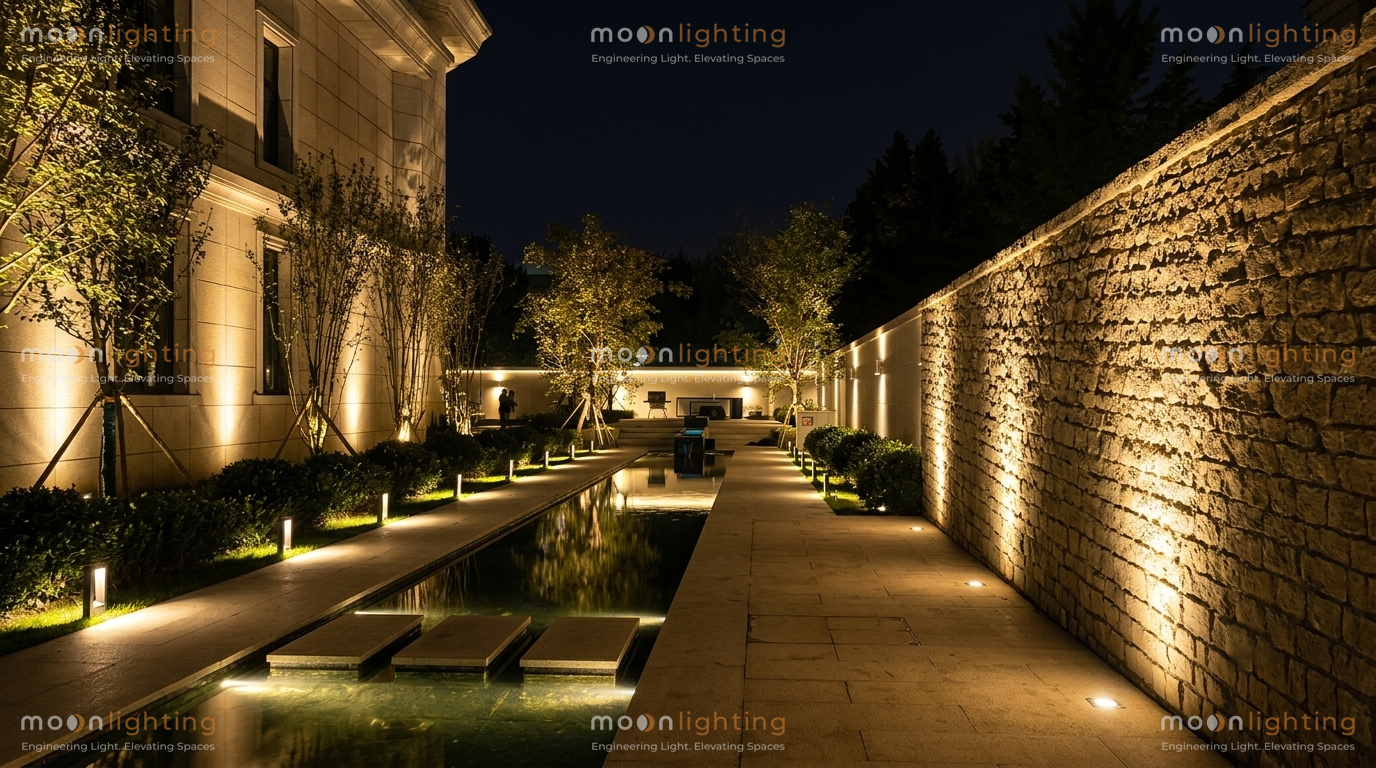Phối cảnh sử dụng đèn âm đất mặt vuông MG-303 Series chiếu sáng cảnh quan biệt thự và resort sang trọng