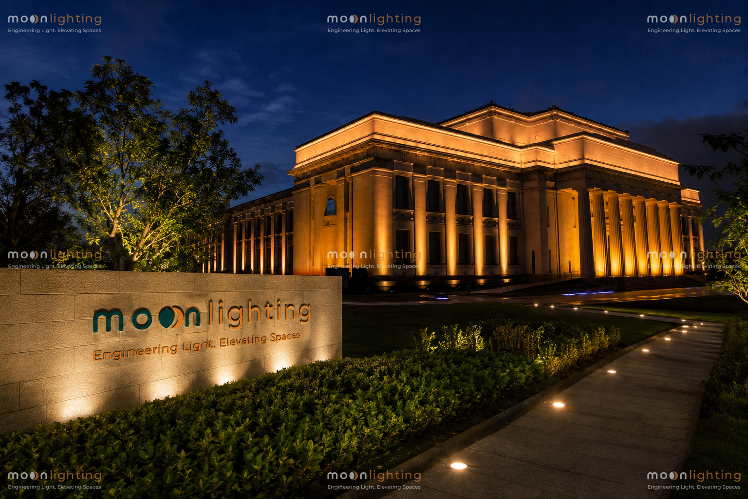 Phối cảnh ứng dụng chiếu sáng cảnh quan đèn âm đất tròn chống chói MG-302BB Series Moon Lighting