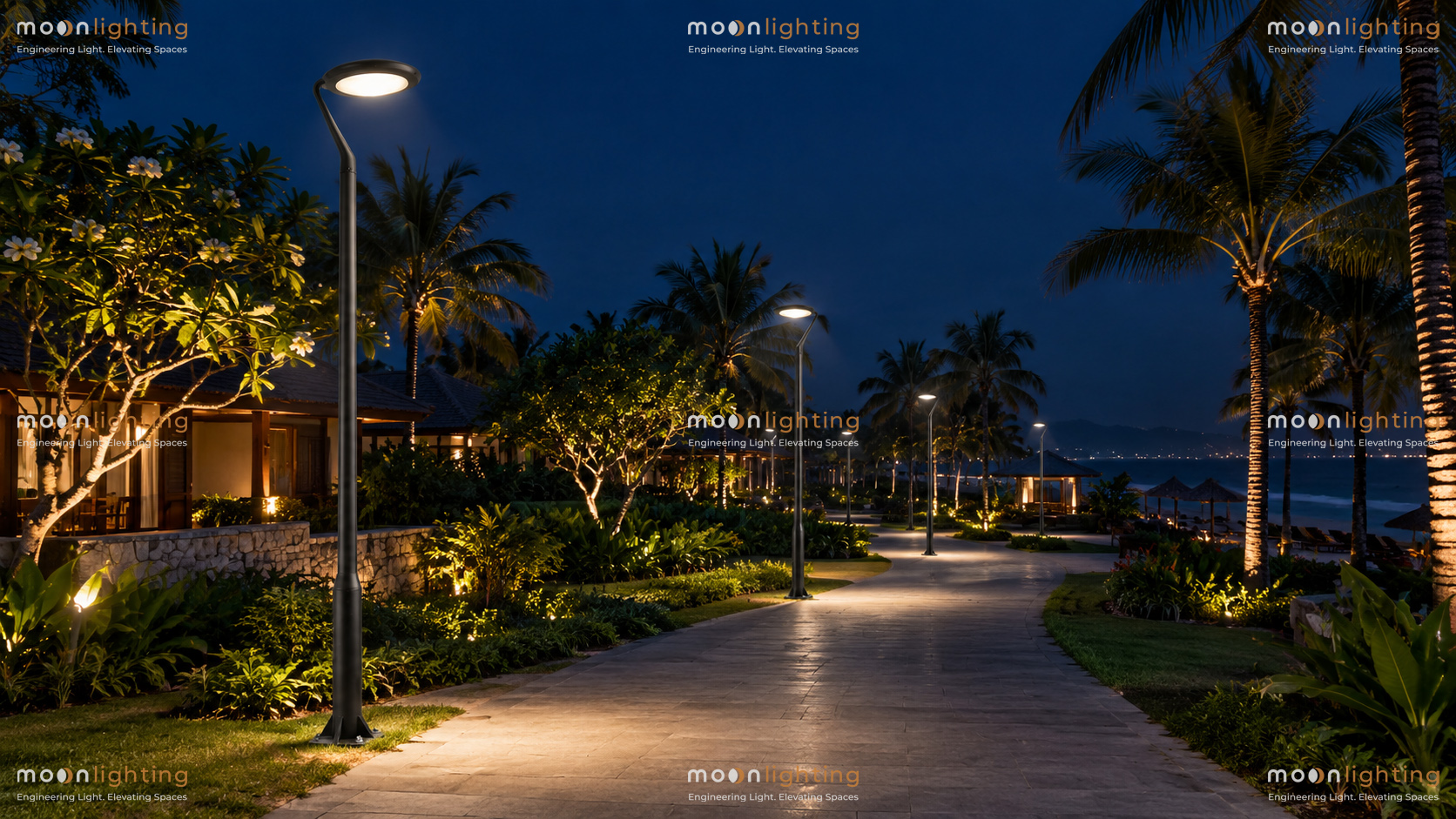 Phối cảnh thực tế hệ thống đèn cột sân vườn năng lượng mặt trời MG-SL009 chiếu sáng lối đi khu resort ven biển
