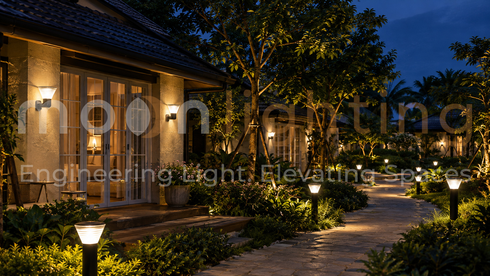 Phối cảnh thực tế hệ thống đèn gắn tường năng lượng mặt trời MG-SL1509 chân chữ L chiếu sáng hiên nhà và khuôn viên khu bungalow homestay resort cao cấp về đêm Moon Lighting