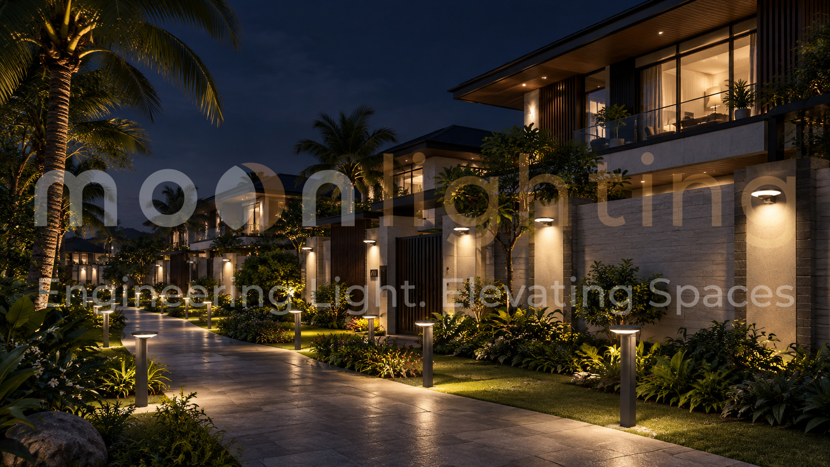 Phối cảnh lắp đặt thực tế hệ thống đèn gắn tường năng lượng mặt trời MG-SL1802 trang trí ngoại thất khu nghỉ dưỡng resort cao cấp hiệu ứng ánh sáng trăng khuyết sang trọng về đêm Moon Lighting