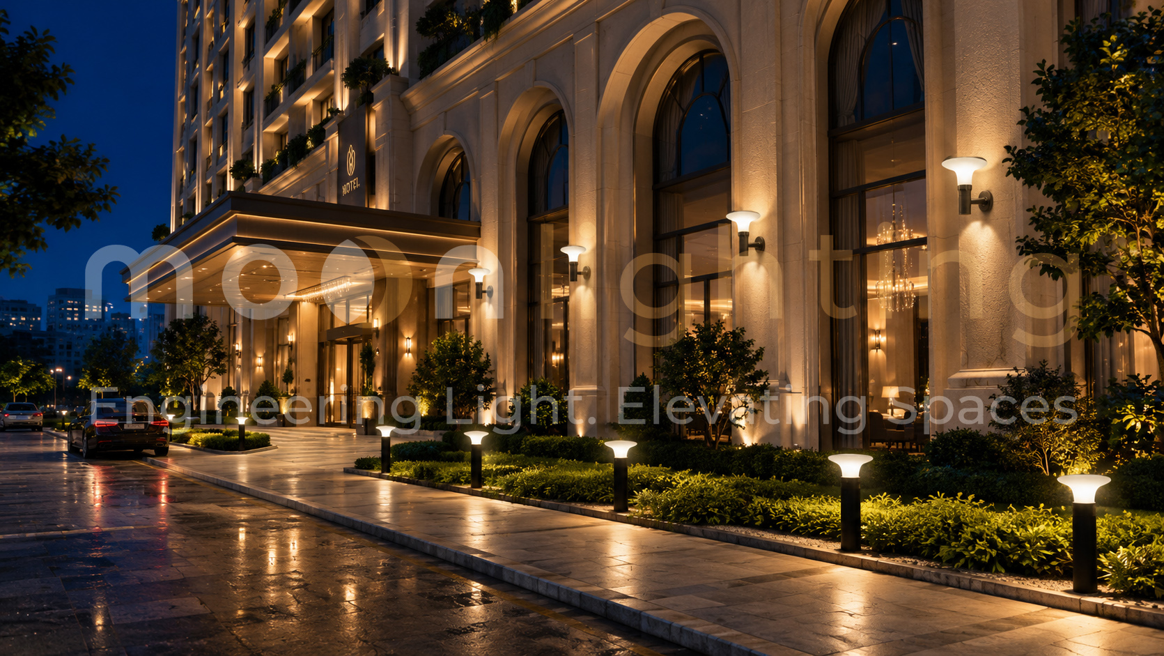 Phối cảnh lắp đặt thực tế hệ thống đèn gắn tường năng lượng mặt trời MG-SL1804 trang trí mặt tiền tòa nhà sảnh khách sạn 5 sao cao cấp phong cách kiến trúc tân cổ điển về đêm Moon Lighting