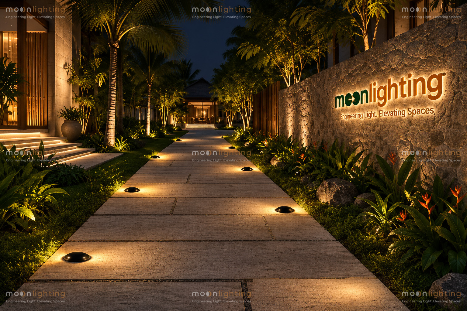 Phối cảnh hiệu ứng chiếu sáng dẫn hướng song song chống chói đường dạo biệt thự resort sử dụng đèn LED âm đất chiếu cạnh 2 hướng MG-GA32