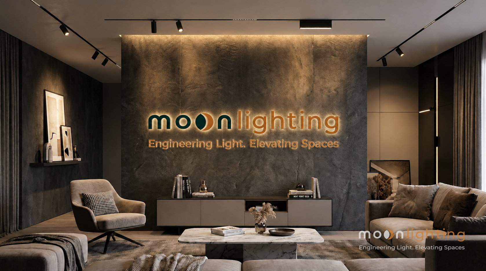 Phối cảnh sử dụng đèn thanh ray nam châm chiếu rọi gấp góc Moon Lighting
