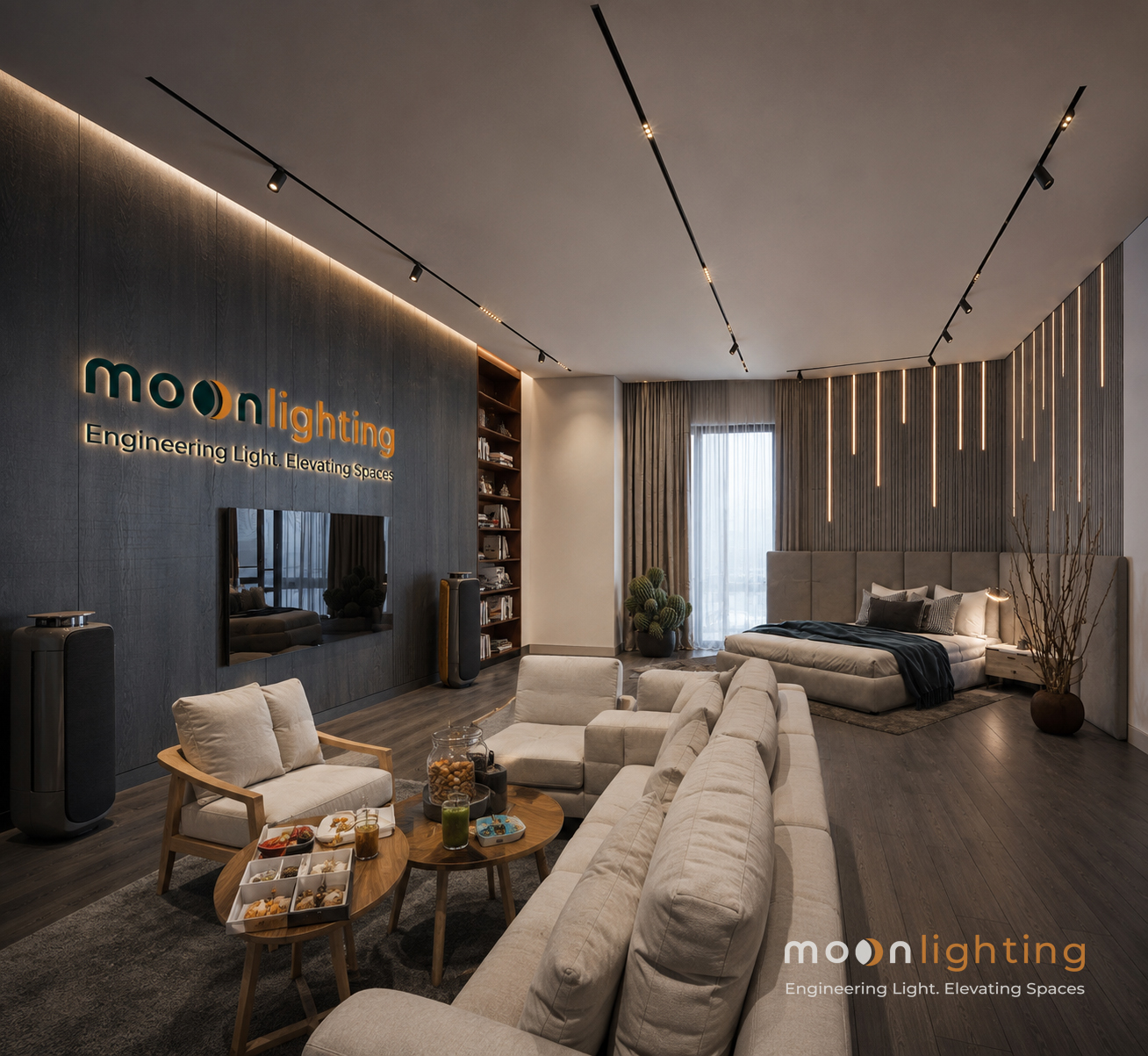 Phối cảnh sử dụng đèn rọi ray nam châm tròn xoay 355 Moon Lighting chiếu điểm nghệ thuật không gian biệt thự cao cấp