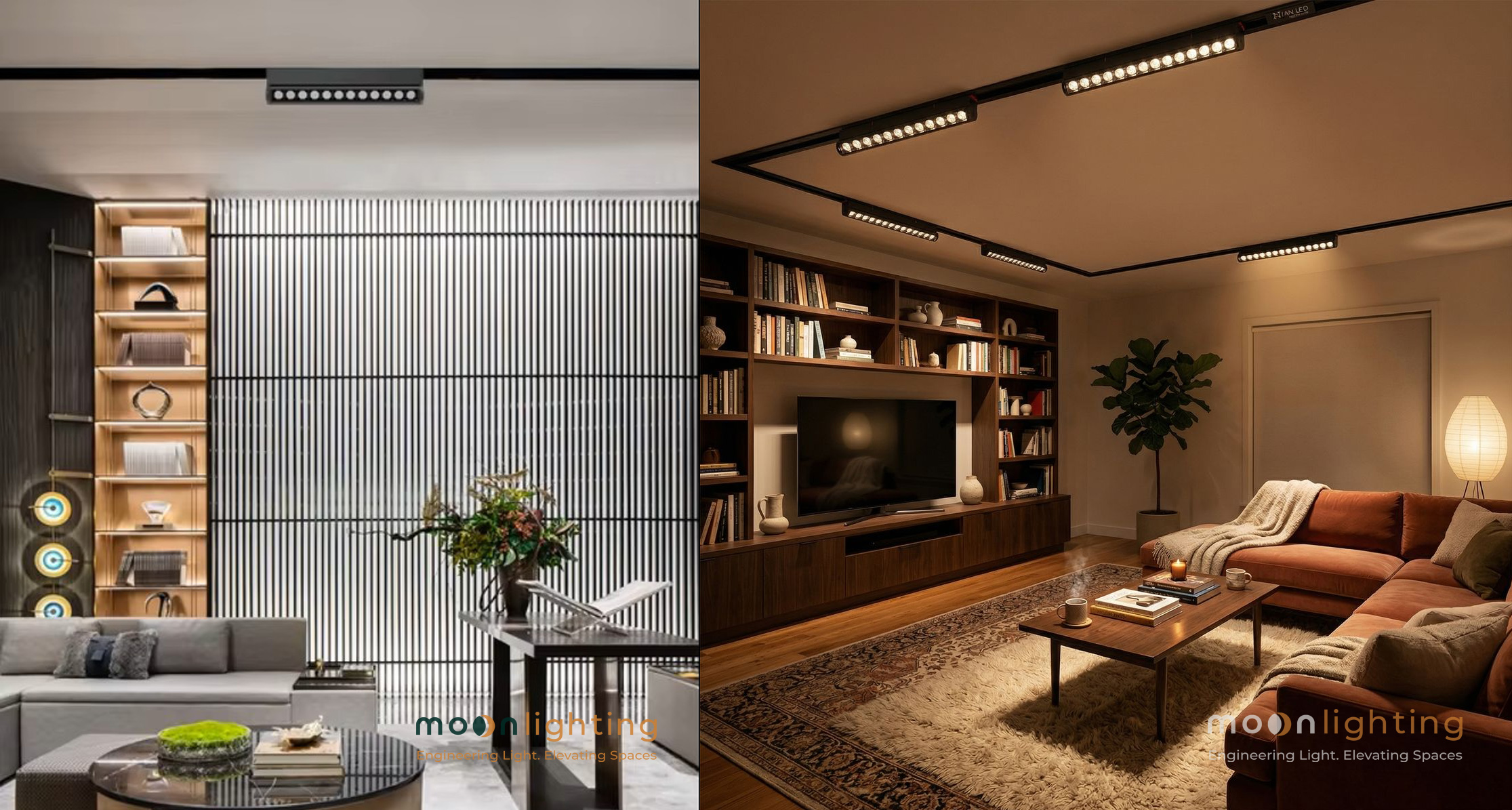 Phối cảnh sử dụng sản phẩm đèn thanh chiếu rọi ray nam châm xoay 180 Moon Lighting tạo vệt sáng nghệ thuật tại phòng khách biệt thự hiện đại