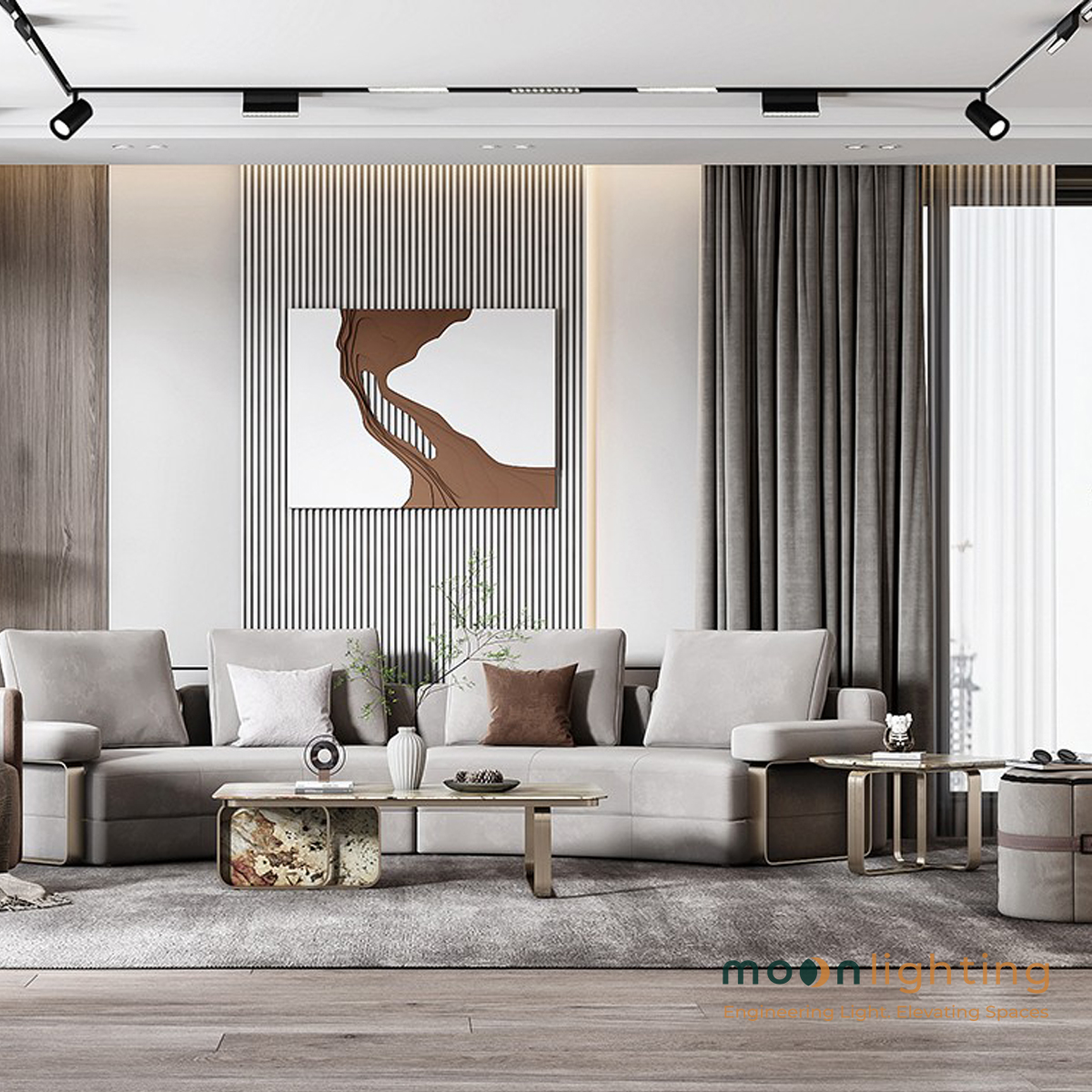 Phối cảnh sử dụng đèn thanh ray nam châm chiếu rọi gấp góc Moon Lighting