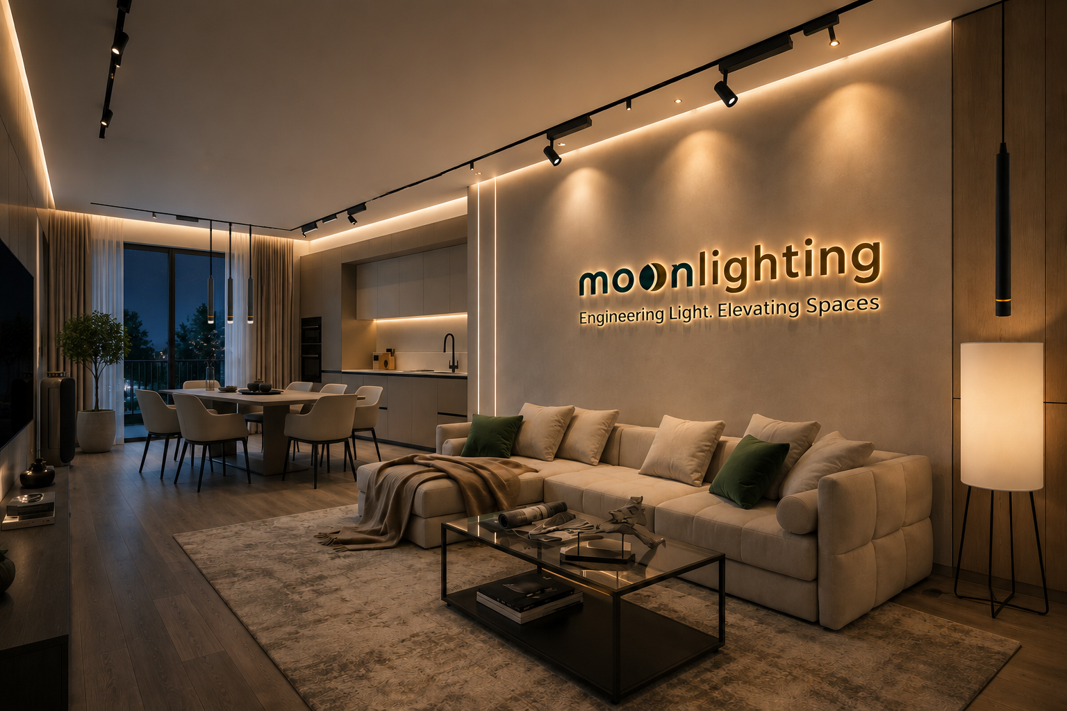 Phối cảnh sử dụng đèn treo thả ống dài đầu Crystal ray nam châm Moon Lighting