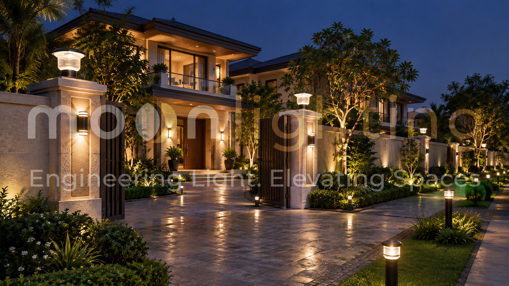 Phối cảnh lắp đặt thực tế hệ thống đèn trụ năng lượng mặt trời MG-SL1612 thiết kế chao PC gân dọc lượn sóng chiếu sáng trụ cổng và tường rào khu biệt thự sân vườn cao cấp về đêm Moon Lighting