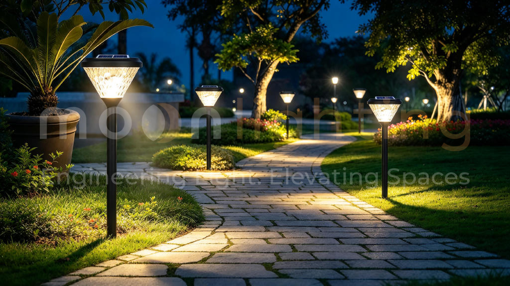 Phối cảnh thực tế lắp đặt hệ thống đèn trụ sân vườn năng lượng mặt trời MG-SL1401 chiếu sáng cảnh quan lối đi công viên và vườn hoa biệt thự về đêm Moon Lighting