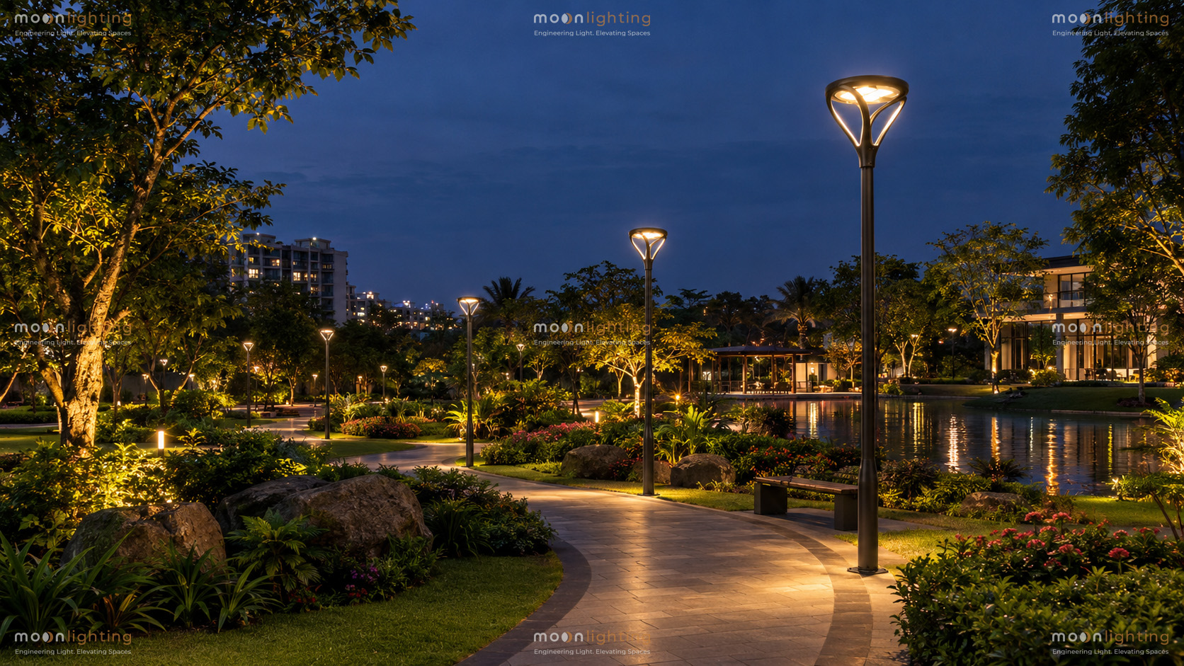 Phối cảnh chiếu sáng thực tế Đèn cột sân vườn năng lượng mặt trời MG-SL001 Moon Lighting Phối cảnh lắp đặt hệ thống Đèn cột sân vườn Solar MG-SL001 chiếu sáng lối đi công viên resort cao cấp chính hãng Moon Lighting