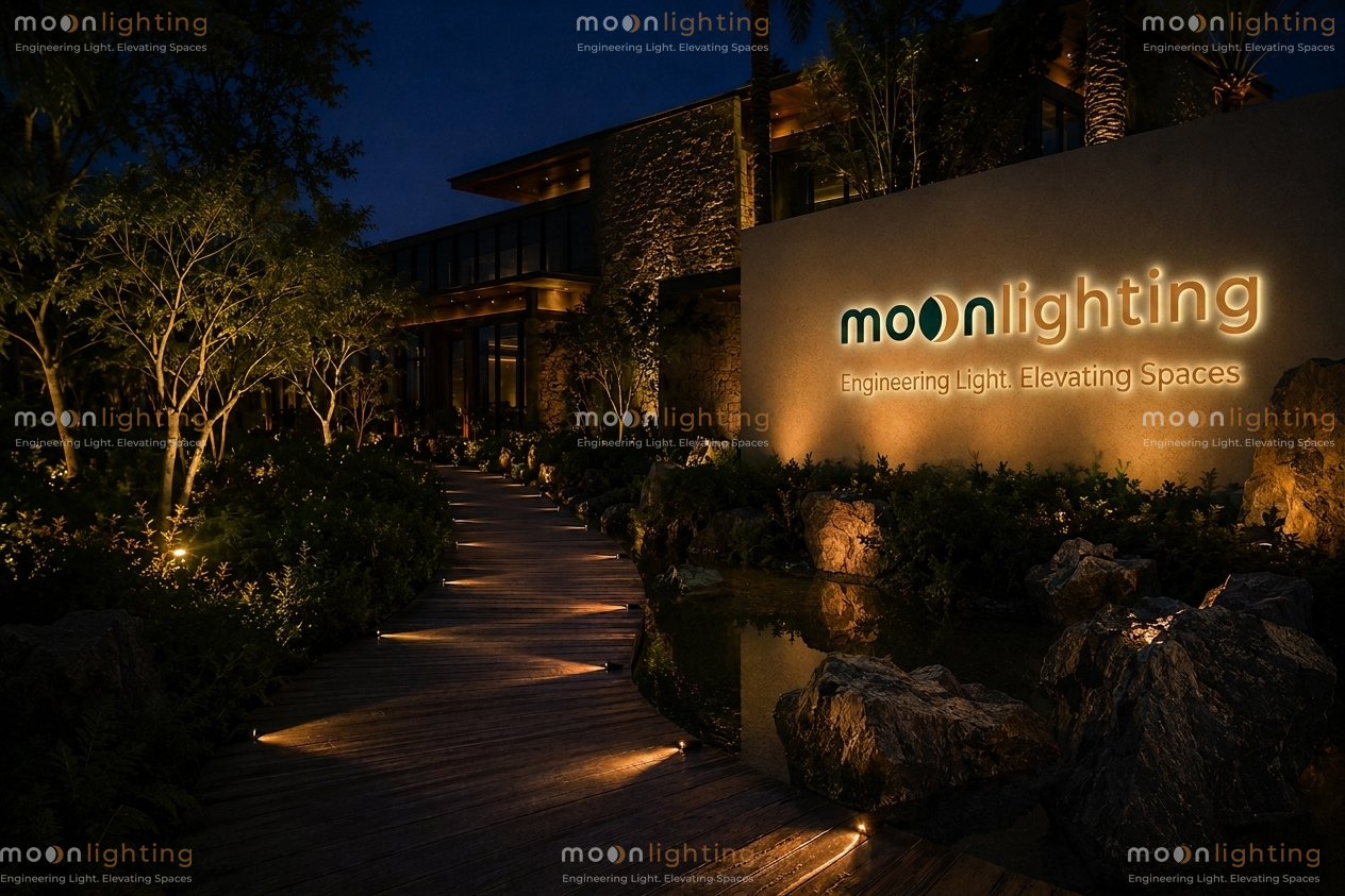 Phối cảnh chiếu sáng cảnh quan đường dạo lối đi biệt thự resort cao cấp sử dụng đèn LED âm đất chiếu cạnh 1 hướng hắt lối đi Moon Lighting MG-GA31