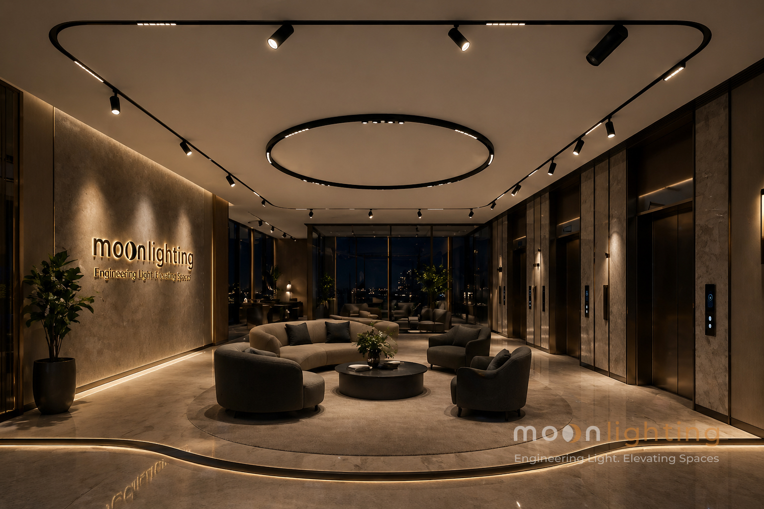 Phối cảnh sử dụng phụ kiện nối góc ray nam châm bo cong R800 Moon Lighting kiến tạo vòng sáng tròn D1600mm sang trọng cho penthouse