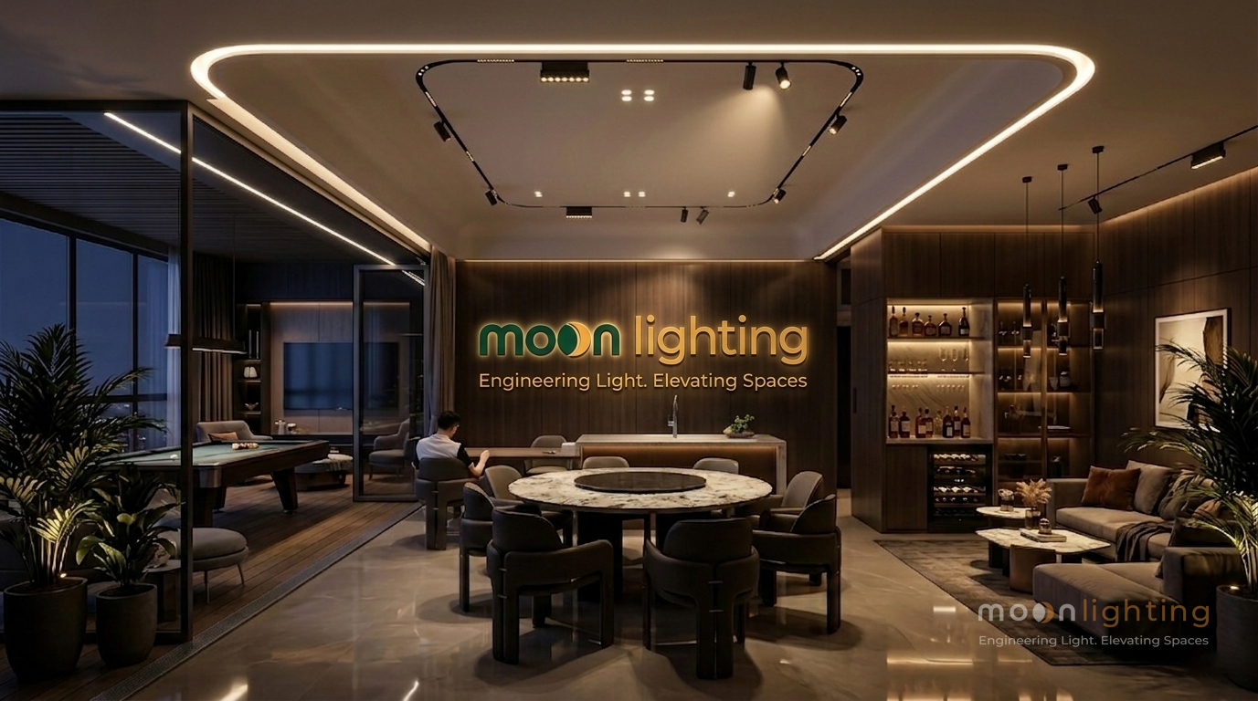 Phối cảnh ứng dụng nối góc ray nam châm bo R300 Moon Lighting kiến tạo hệ trần bo cong nghệ thuật