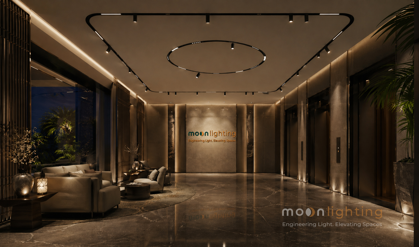Phối cảnh hệ thống ray nam châm vòng tròn D1400 trên trần thạch cao phòng khách penthouse cao cấp