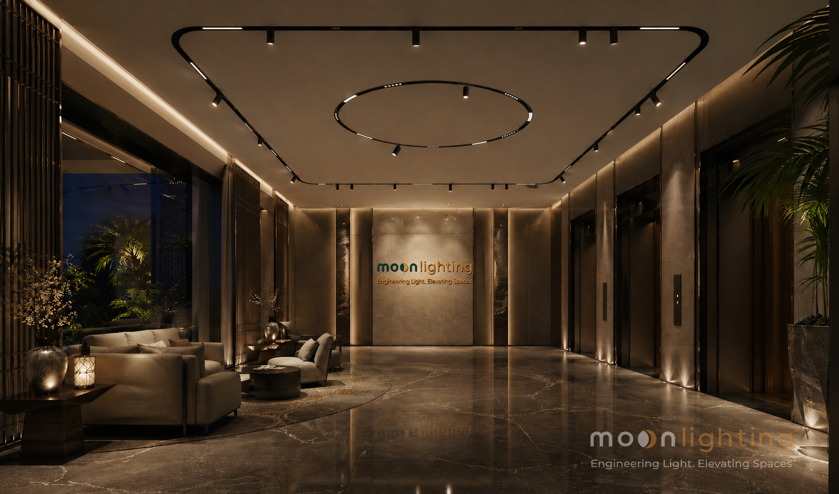 Nối góc ray nam châm bo R500 Moon Lighting tạo hình khối ánh sáng tròn D1000 cho hệ trần biệt thự và penthouse luxury