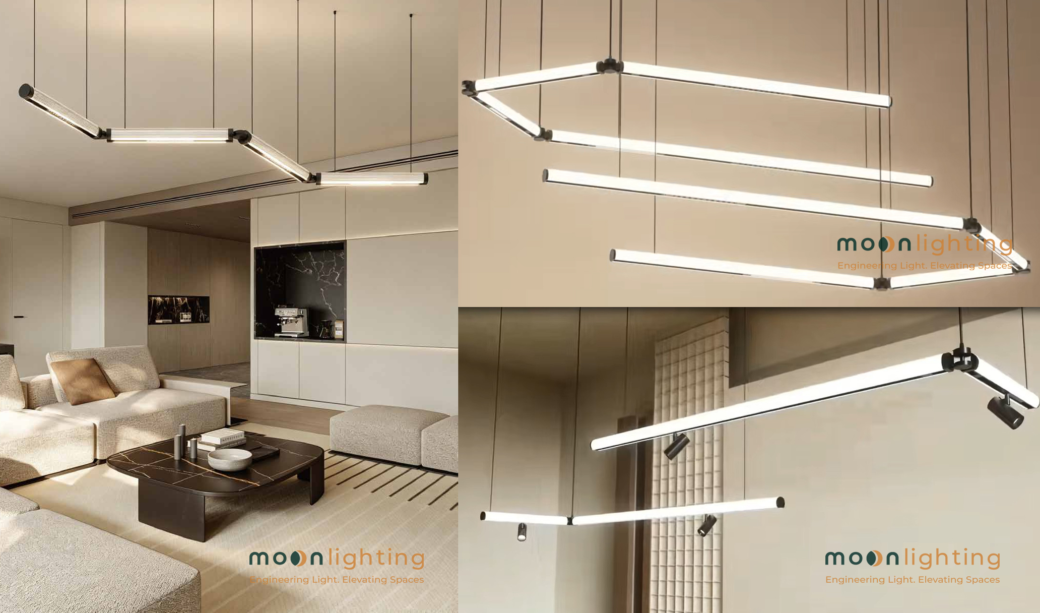 Phối cảnh sử dụng sản phẩm thanh ray nam châm dạng ống tuýp tròn 2 đầu kết nối Moon Lighting S20 kiến tạo trục sáng vô cực liên hoàn lơ lửng biệt thự penthouse