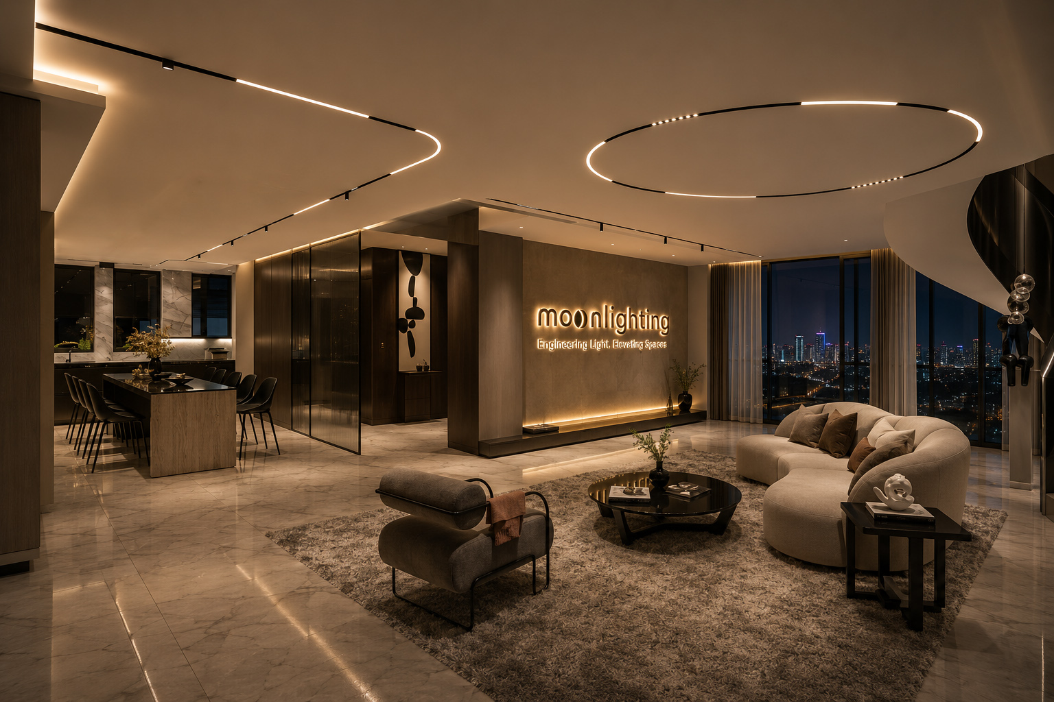 Phối cảnh lắp đặt Thanh ray nam châm cong âm trần phi tiêu chuẩn Moon Lighting trong biệt thự cao cấp