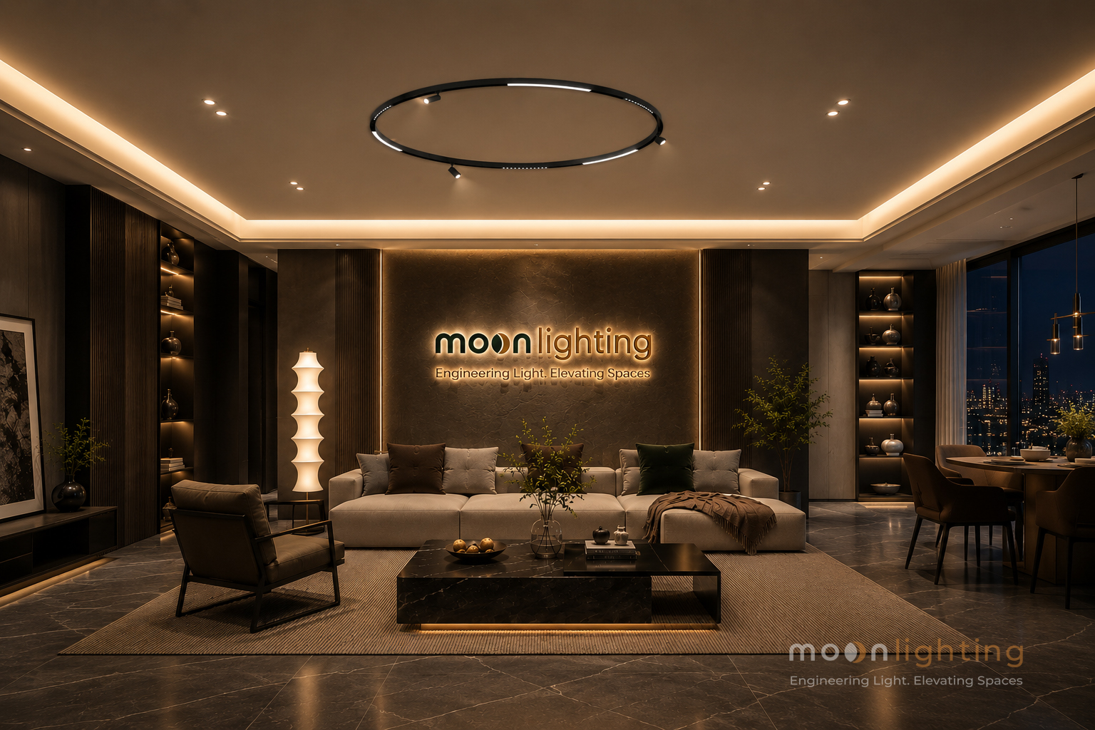 Phối cảnh sử dụng sản phẩm thanh ray nam châm tròn gắn nổi D600 và treo thả D600 Moon Lighting kiến trúc tối giản hạng sang