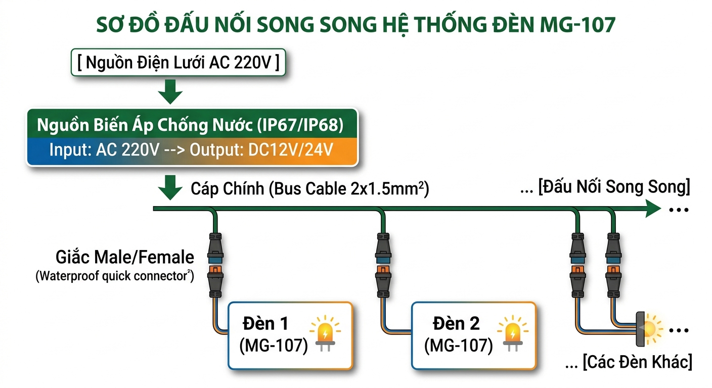 Sơ đồ hướng dẫn đấu nối nguồn điện hạ áp DC12V DC24V song song cho hệ thống đèn âm tường mini mặt tròn MG-107