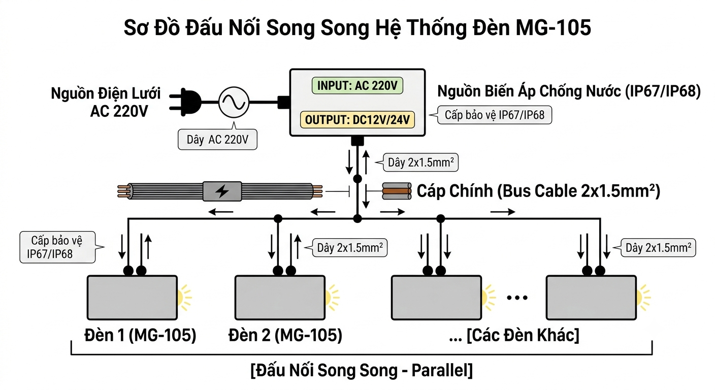 Sơ đồ đấu nối song song điện áp thấp DC12V DC24V cho hệ thống đèn âm đất mini MG-105 qua bộ biến áp IP67 IP68
