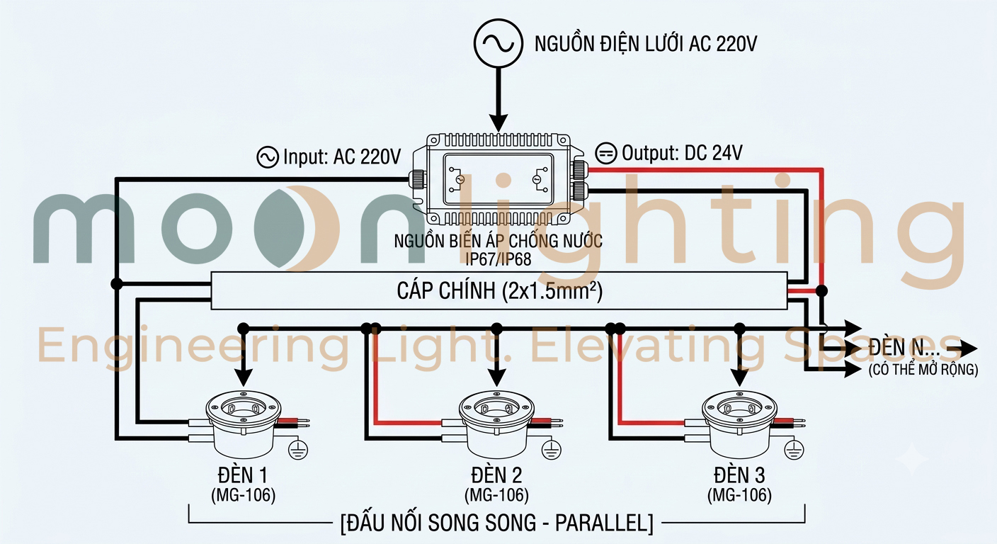 Sơ đồ nguyên lý đấu nối điện song song DC12V/DC24V qua bộ biến áp chống nước IP67 cho đèn âm tường MG-106