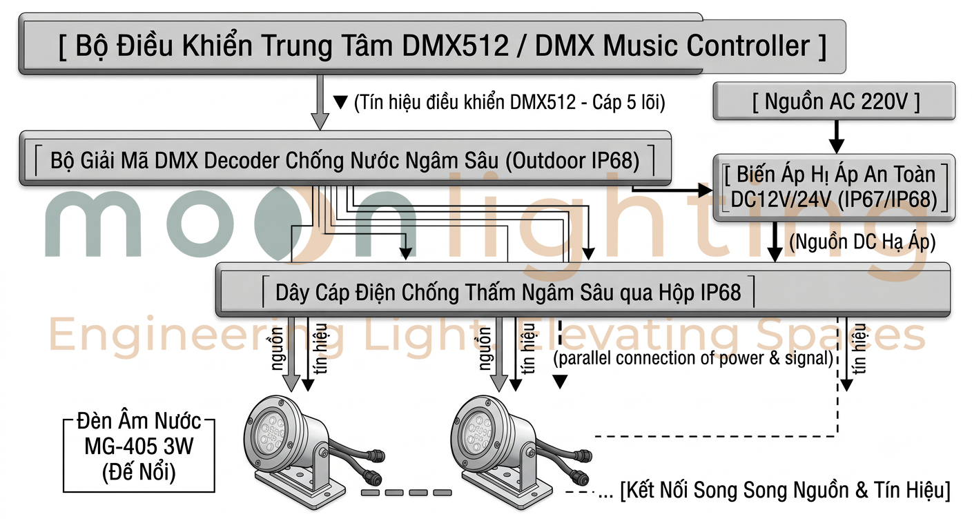 Sơ đồ nguyên lý đấu nối hệ thống đèn âm nước MG-405 3W điều khiển DMX512 chống nước IP68
