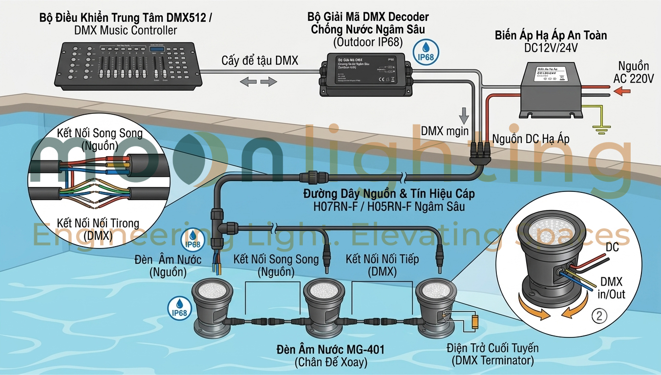 Sơ đồ nguyên lý đấu nối nguồn DC12V DC24V và tín hiệu DMX512 cho hệ thống đèn âm nước chân đế MG-401 Series
