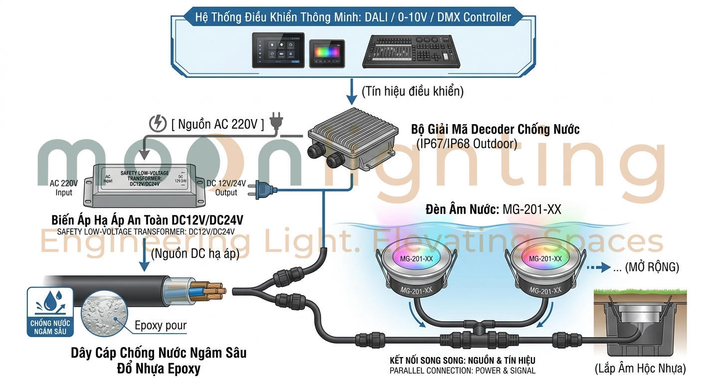 Sơ đồ nguyên lý đấu nối điện DC24V và hệ thống điều khiển DALI 0-10V DMX cho đèn âm nước MG-201 Moon Lighting