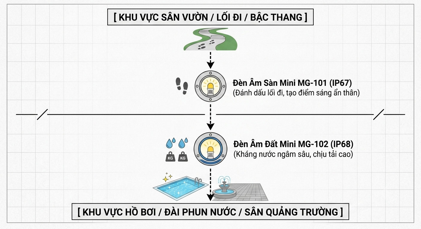 Sơ đồ nguyên lý quy hoạch phân vùng lắp đặt phối hợp giữa đèn âm sàn mini MG-101 và đèn âm đất mini MG-102 Moon Lighting