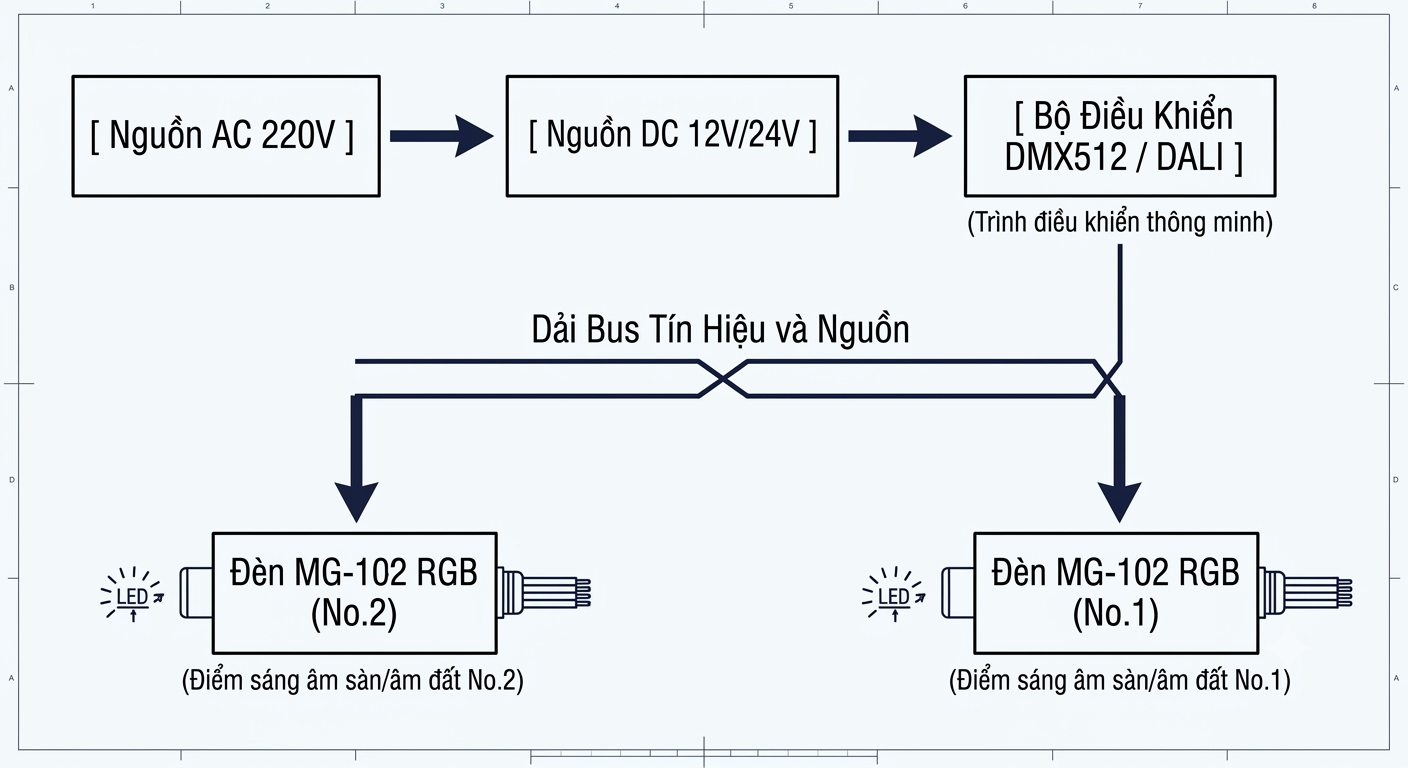 Sơ đồ nguyên lý đấu nối hệ thống điều khiển thông minh DALI và DMX512 đổi màu RGB cho đèn âm đất mini MG-102 Moon Lighting