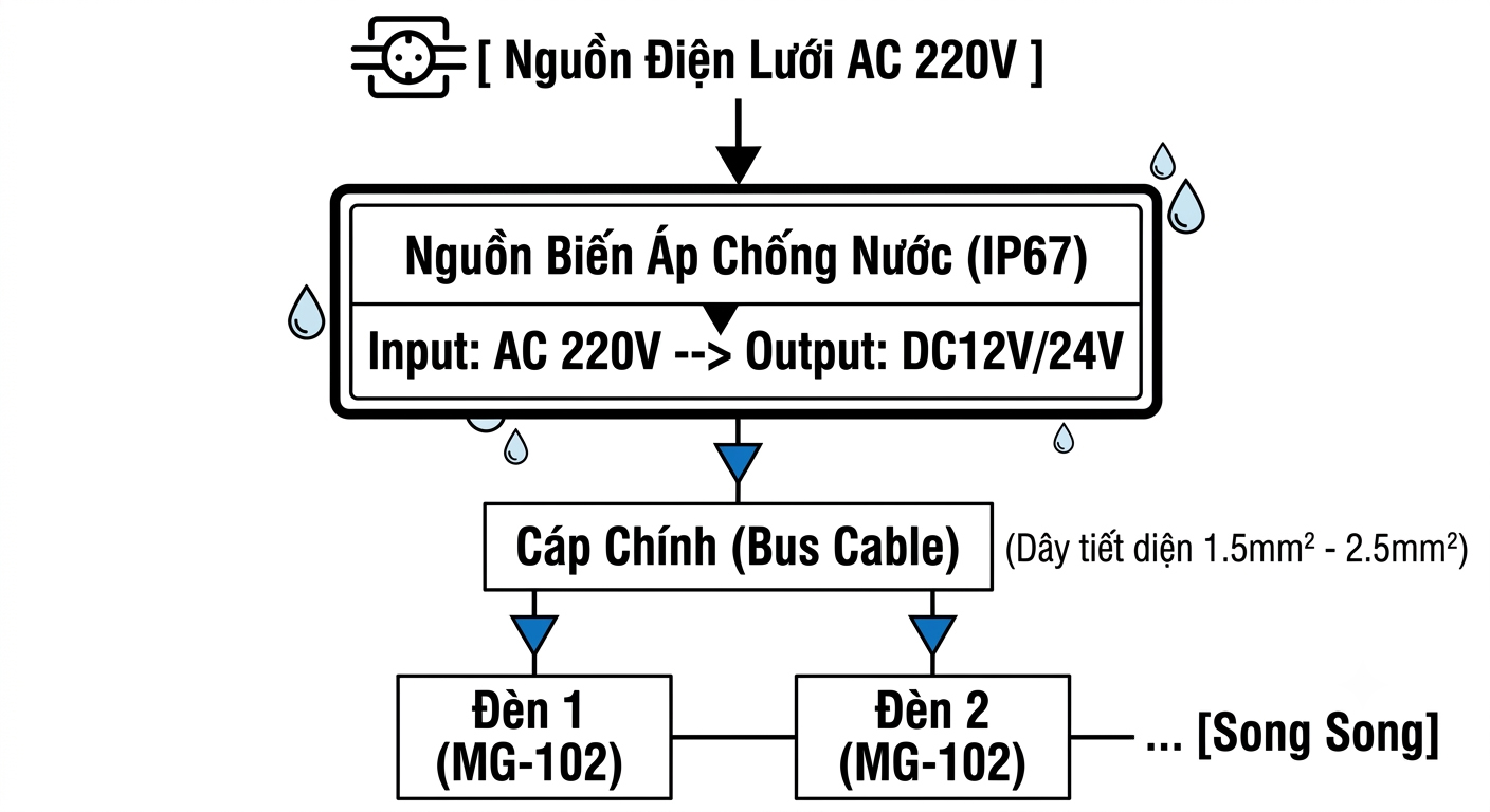 Sơ đồ nguyên lý đấu nối điện nguồn DC12V DC24V song song và điều khiển DMX512 DALI cho đèn âm đất mini MG-102 Moon Lighting
