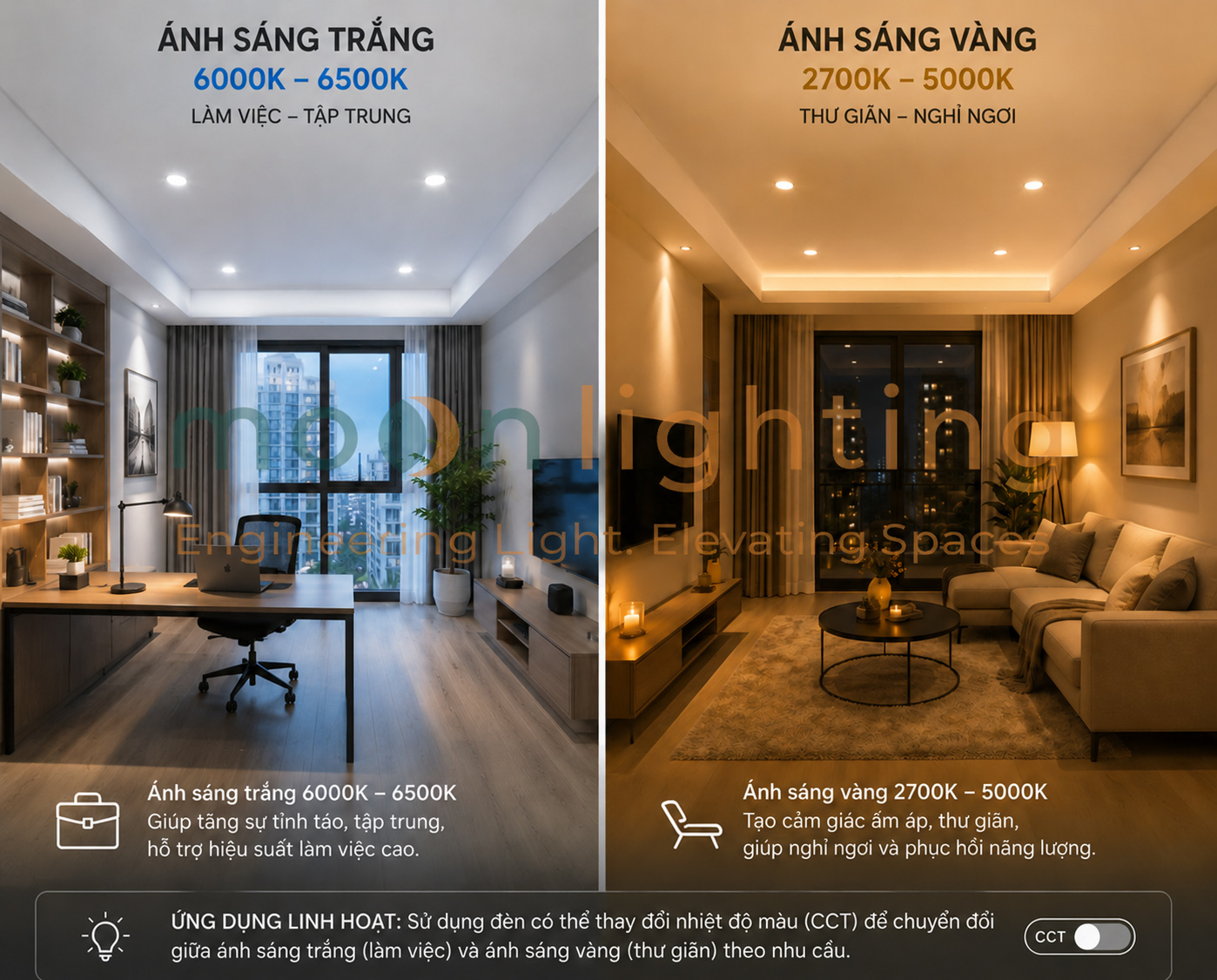 So sánh ánh sáng làm việc và ánh sáng sinh hoạt Moon Lighting