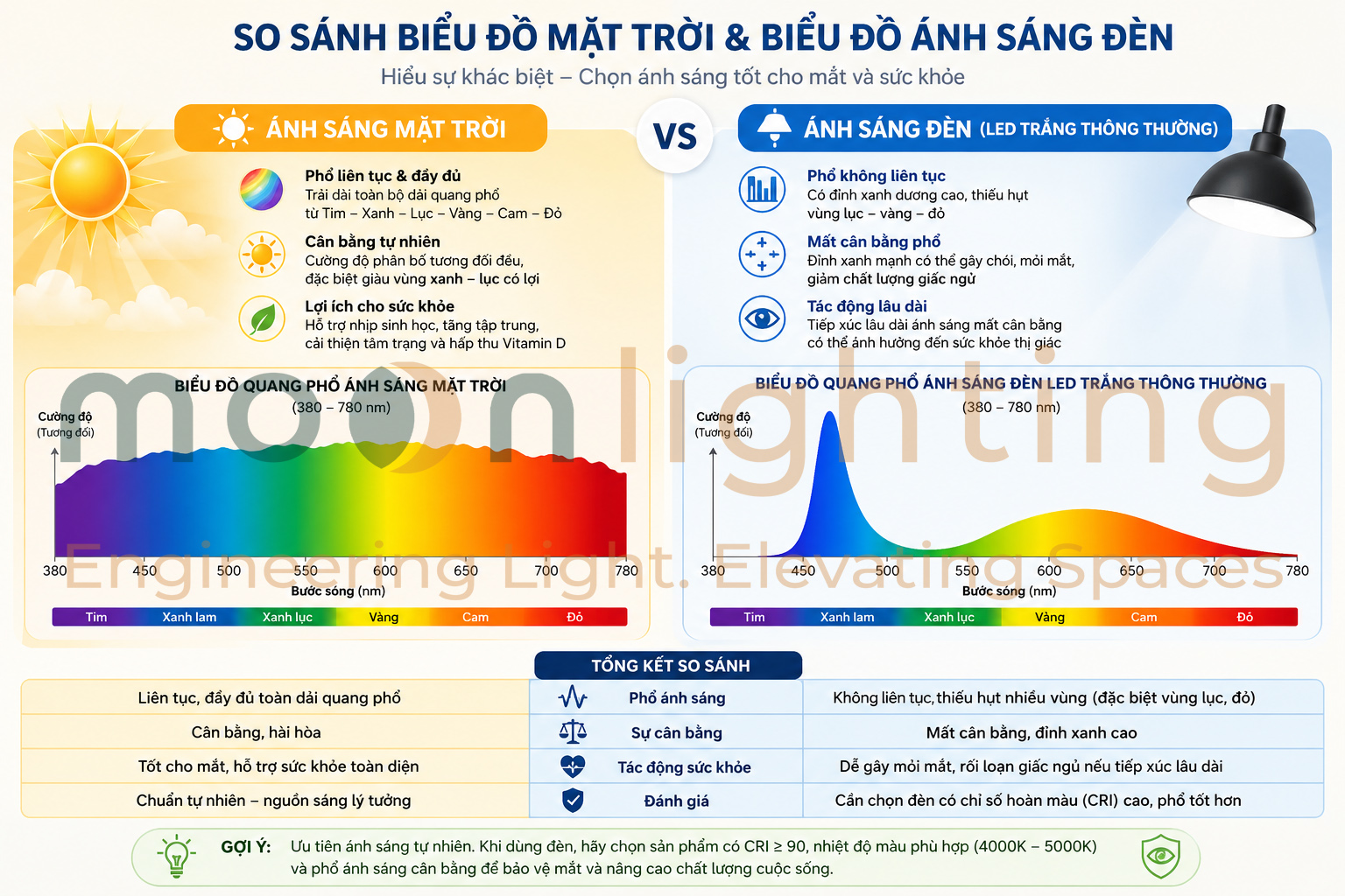 Biểu đồ so sánh ánh sáng mặt trời và nhịp sinh học HCL Moon Lighting