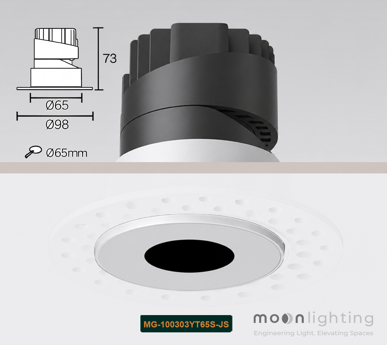 Cận cảnh cấu tạo đèn spotlight âm trần không viền MG-100303YT65S-JS độ hoàn thiện cao