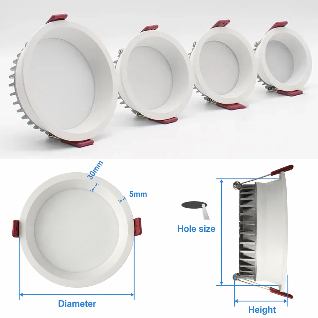 Bản vẽ cấu trúc chi tiết thông số kỹ thuật hình học kích thước đường kính và chiều cao khoét lỗ của hệ đèn downlight am tran chong choi mg-smd5 series
