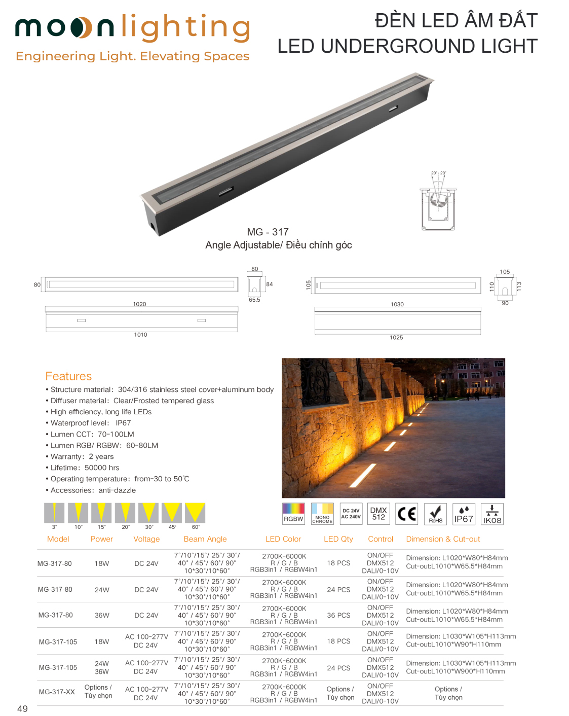 Bản vẽ thông số kích thước mặt cắt và kích thước hố chờ kỹ thuật thi công đèn LED thanh âm đất MG-317 Series