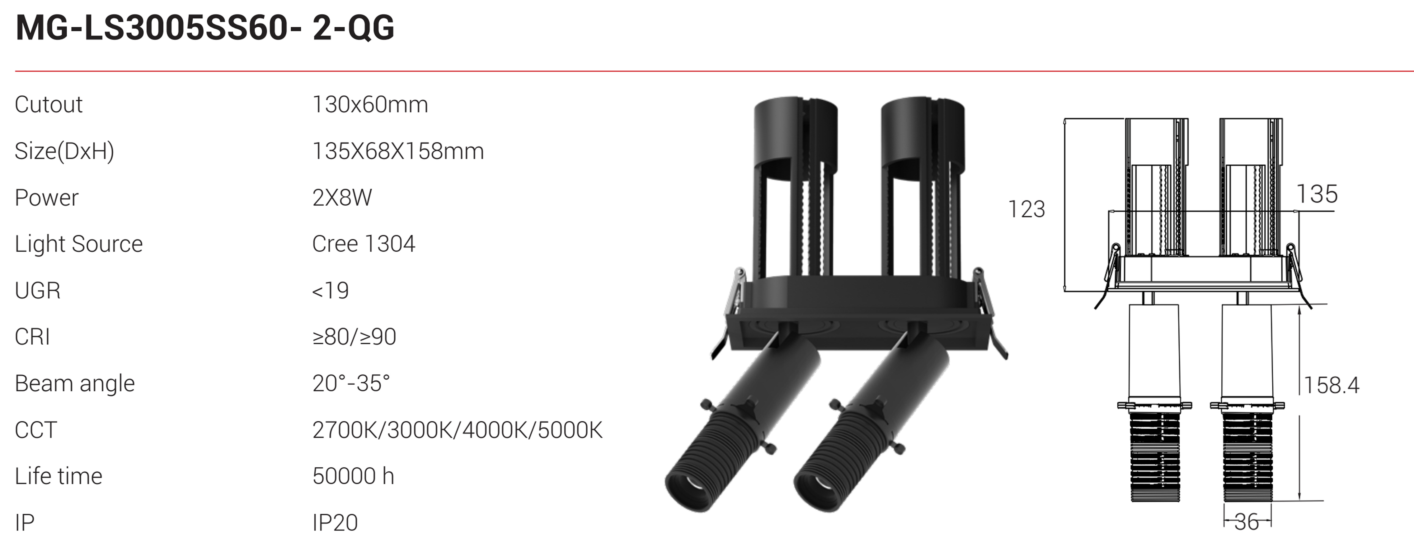 Thông số kỹ thuật và kích thước mặt cắt đèn spotlight framing Moon Lighting MG-LS3005SS60-2-QG