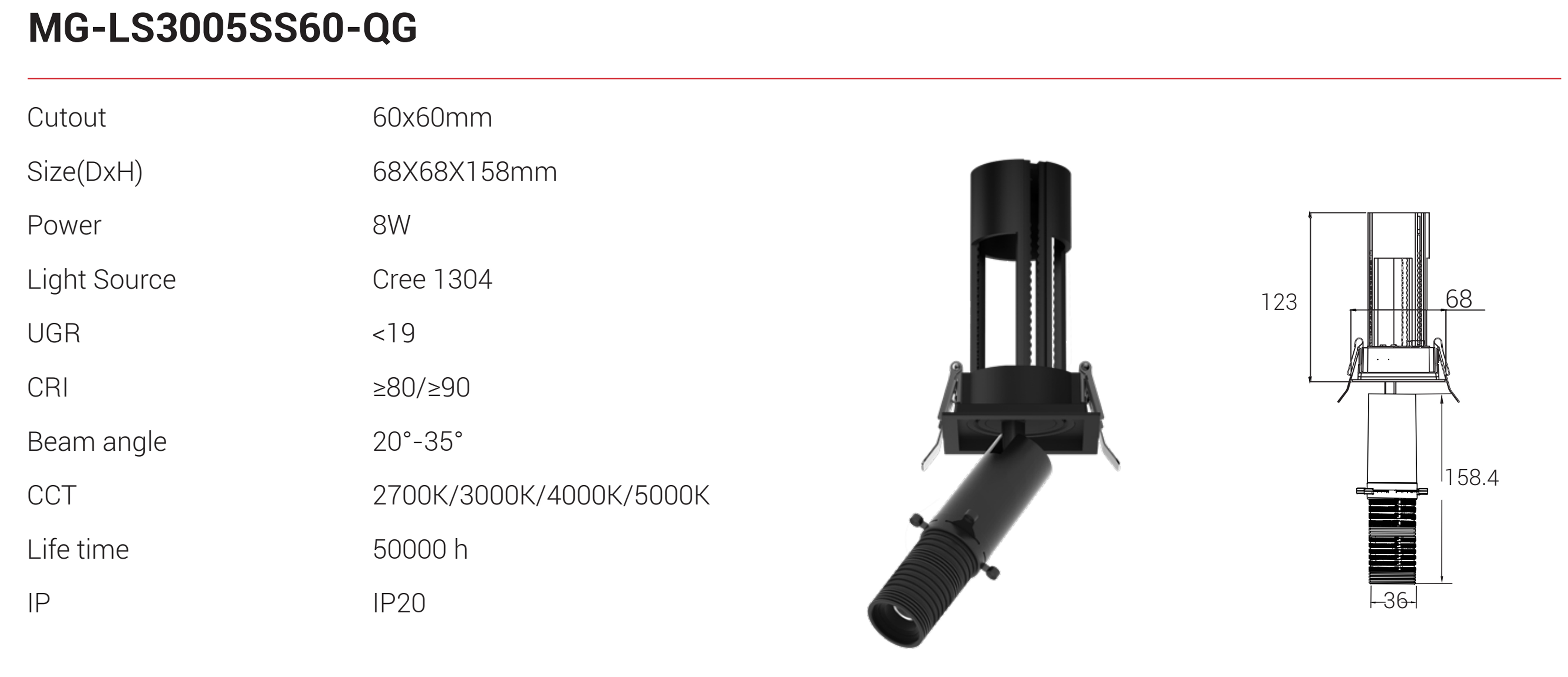 Bản vẽ kích thước và thông số kỹ thuật đèn MG-LS3005SS60-QG chuẩn kiến trúc