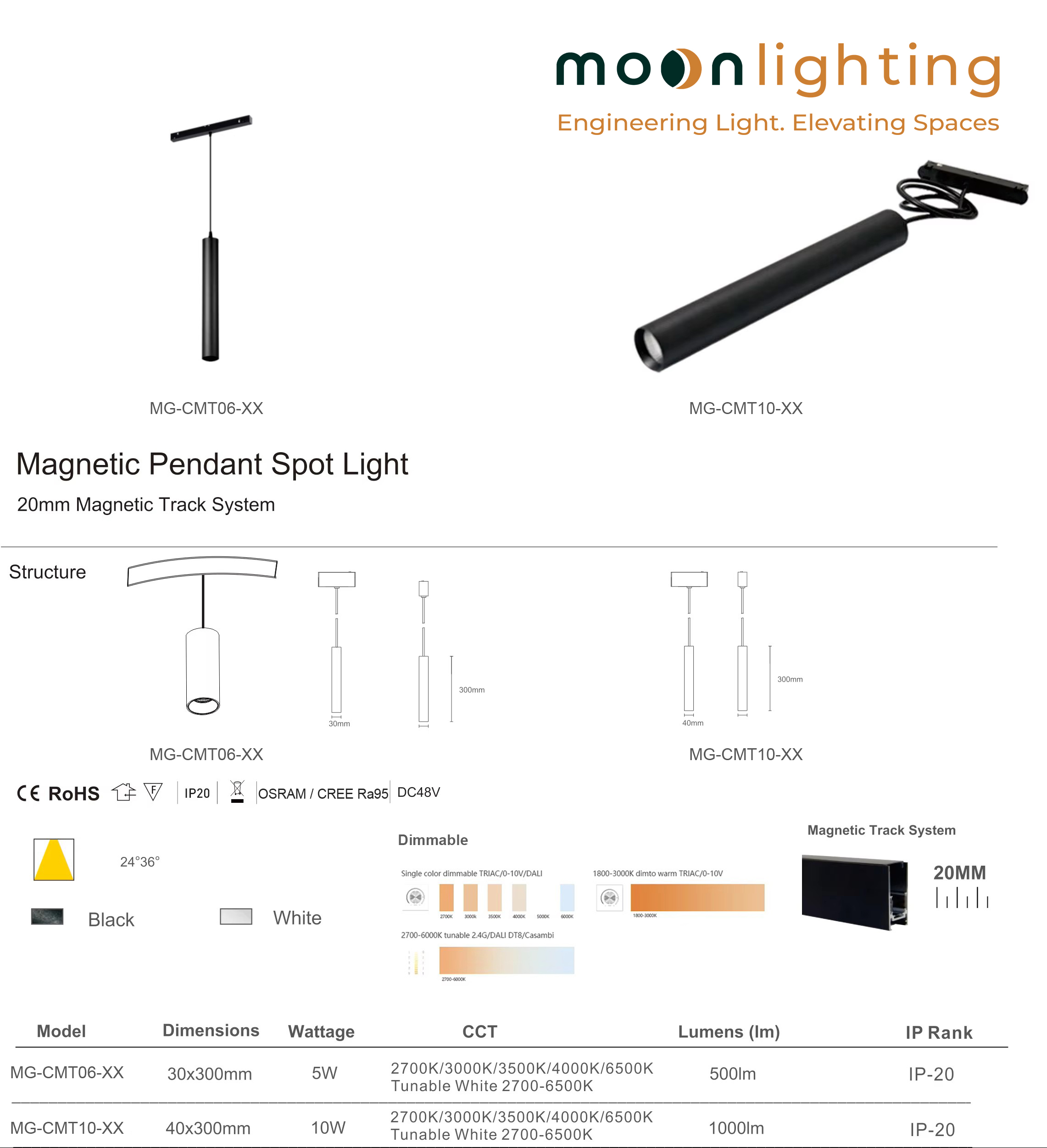 Thông số kỹ thuật kích thước chi tiết đèn treo thả ray nam châm tròn Moon Lighting từ nhà máy