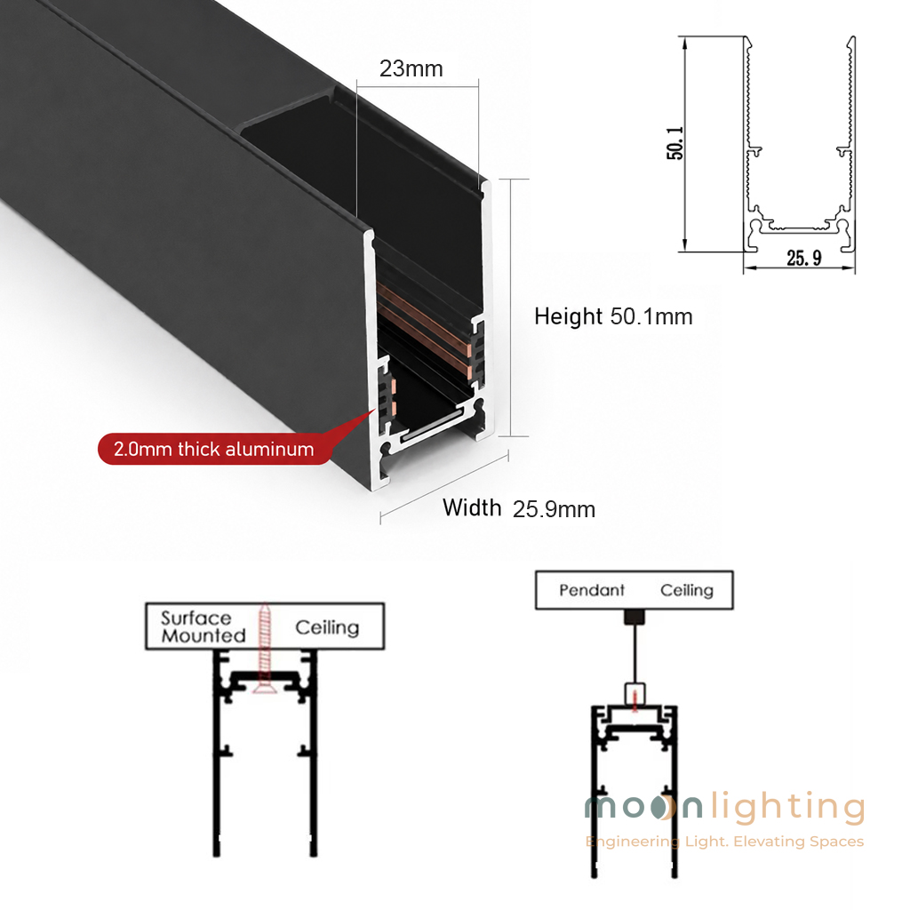 Bản vẽ thông số kỹ thuật chi tiết chiều cao 50.1mm độ rộng 25.9mm thanh ray nam châm gắn nổi MG-R20M530