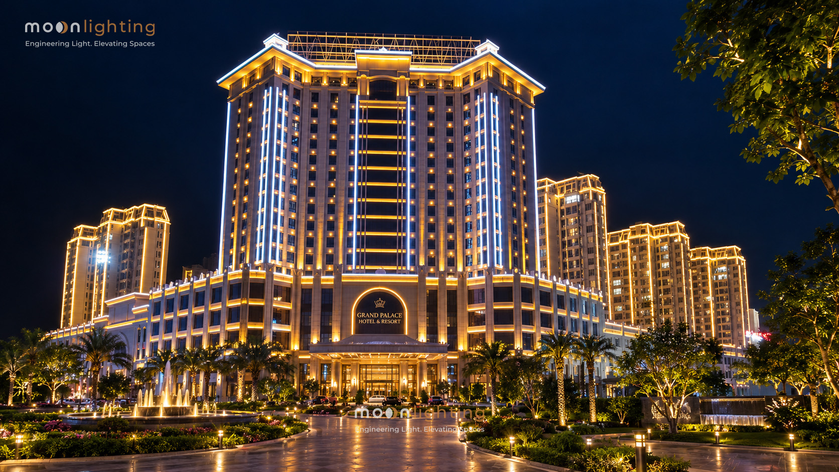 Phối cảnh thực tế giải pháp tư vấn thiết kế chiếu sáng kiến trúc mặt dựng facade lighting tòa nhà khách sạn cao cấp Grand Palace Hotel & Resort ban đêm sử dụng đèn LED Project Light MG-605 Series chính hãng Moon Lighting