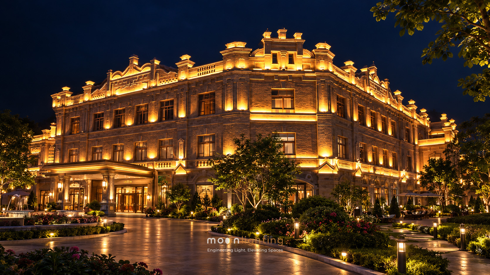 Phối cảnh thực tế giải pháp chiếu sáng kiến trúc mặt dựng facade lighting và cảnh quan khách sạn, tòa nhà cao cấp ban đêm sử dụng đèn LED Project Light MG-608 Series chính hãng Moon Lighting