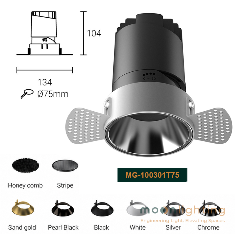 Đèn Spotlight Trimless cao cấp Moon Lighting mã MG-100301T75 công suất 12W lỗ khoét D75