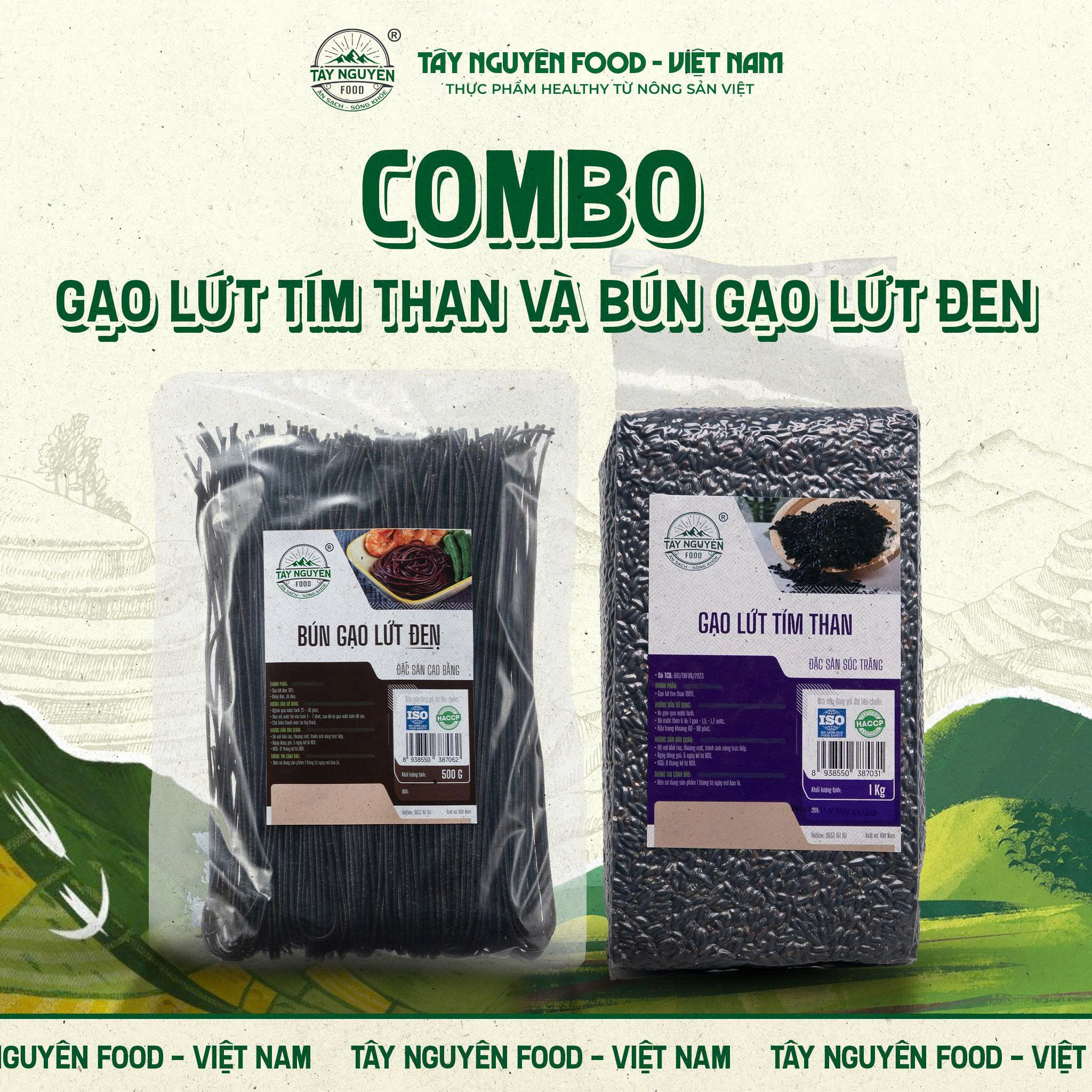 Combo Gạo Lứt Tím Than Sóc Trăng 1kg Và Bún Gạo Lứt Đen Cao Bằng 500g Tây Nguyên Food - Việt Nam Nguyên Cám Hỗ Trợ Eat Clean
