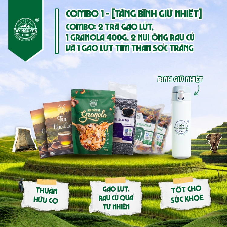 [Tặng Bình Giữ Nhiệt] Combo 2 Trà gạo lứt, 1 Granola 400g, 2 Nui ống rau củ và 1 Gạo lứt tím than Sóc Trăng